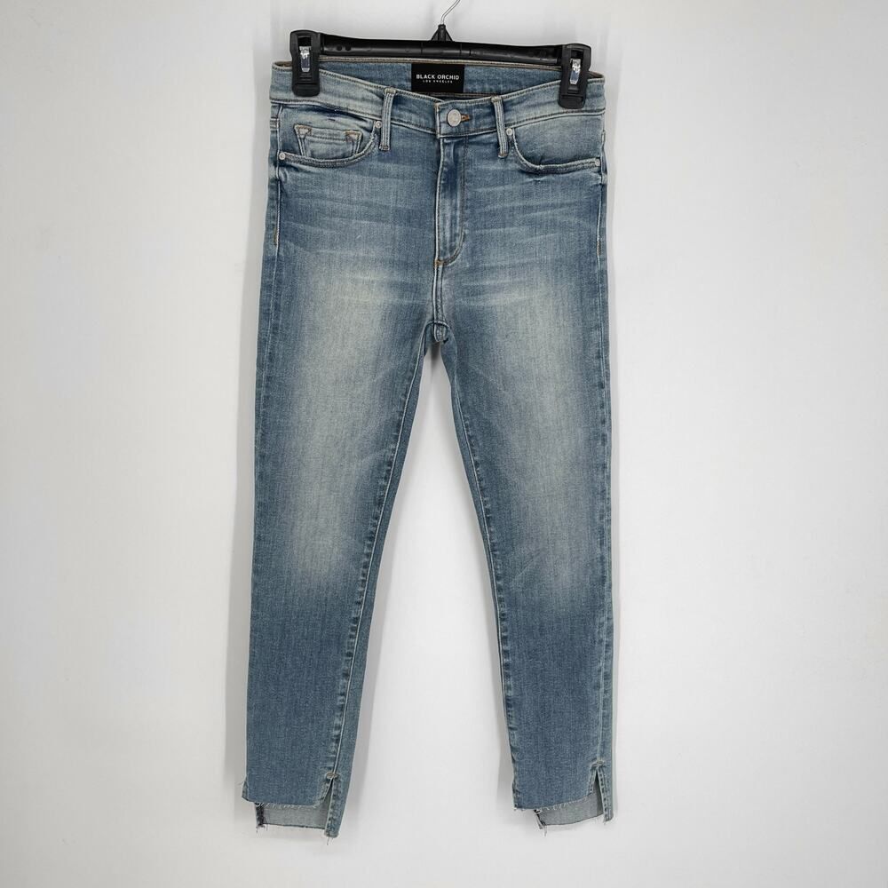 Black Orchid Denim NEW Miranda Off Step Mid-Rise Jeans Sz 26 Blue Raw Cut Hem